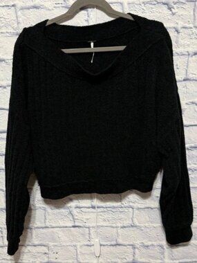 Free People Black Fuzzy Off Shoulder Cable Sleeve Cropped Sweater